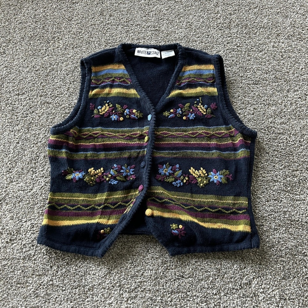 White Stag Sweater Vest Womens Large Blue Floral Embroidered Knit Button Front